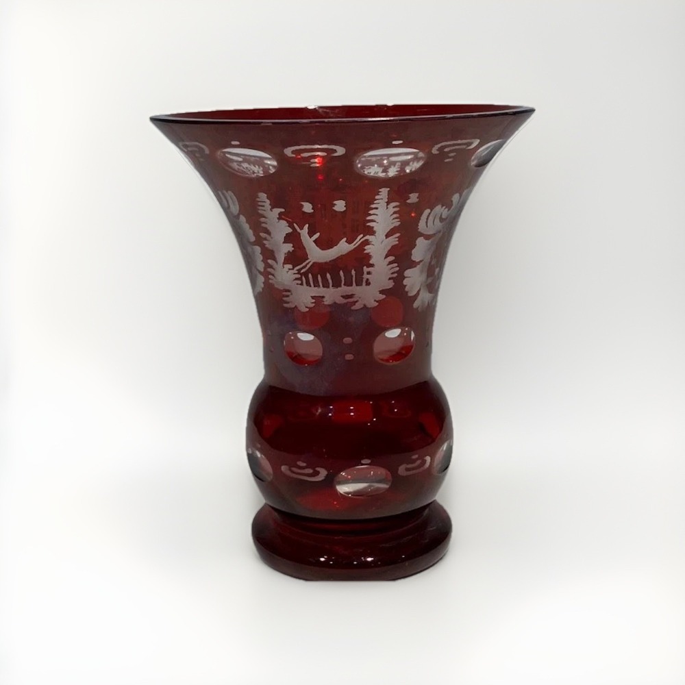 Vintage Bohemian Cranberry Red to Clear Etched Glass Vase w/Deer Castle Pattern